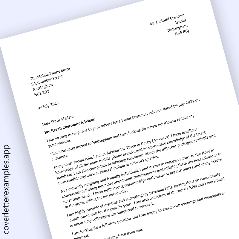 retail customer service cover letter examples