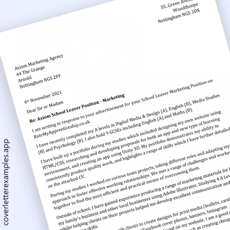 School Leaver Cover Letter Example | CoverLetterExamples.app