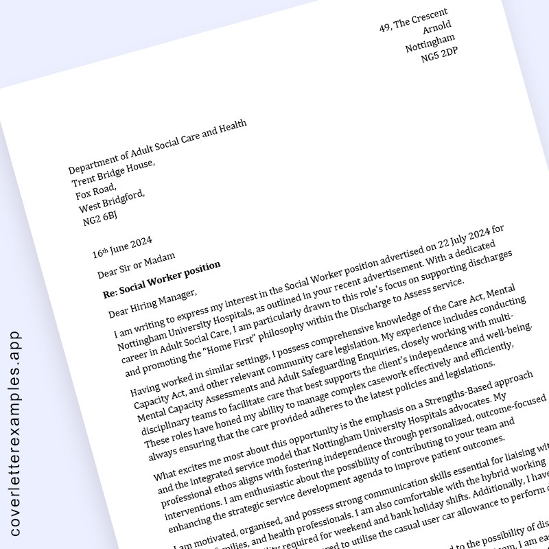 Social worker cover letter example
